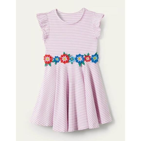 Mini Boden Pink and White striped Floral waist dress size 3/4